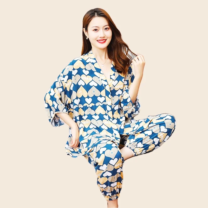 Women's Homewear Pajamas Set Full Sleeve Long Pants Flower Print Casual Pyjama Big Size Cozy Cotton PJS