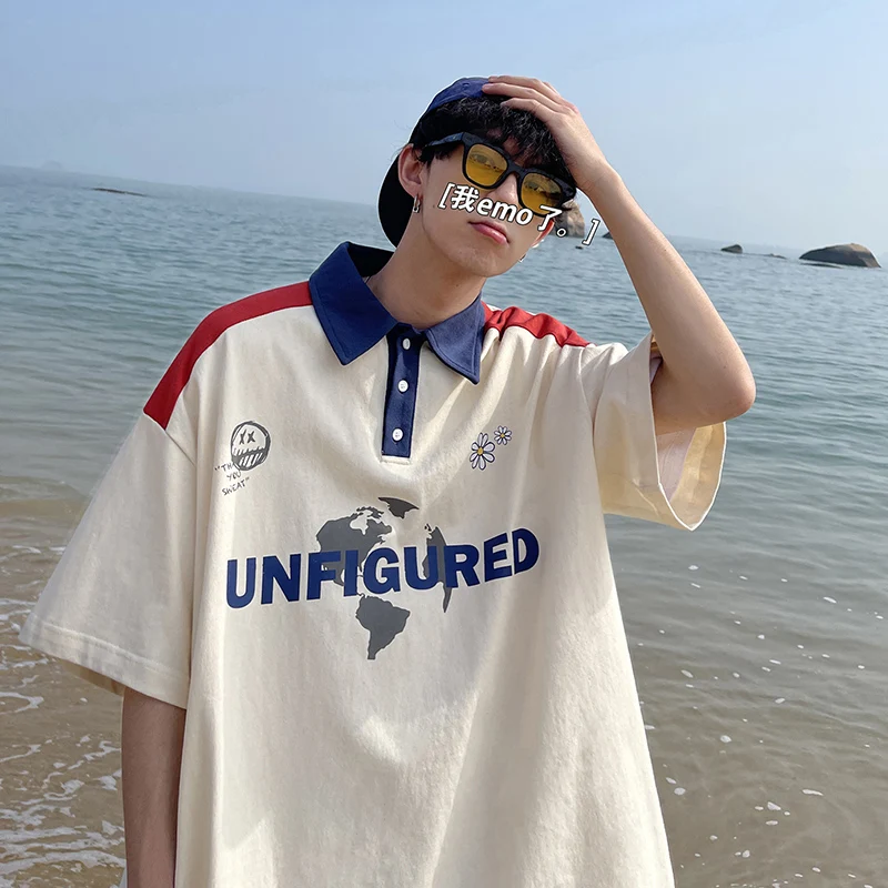 

Letter Print Polo Shirt for Men American High Street Aesthetic Loose Korean Lapel Short-sleeved T-shirt Retro Trendy Unisex Tops