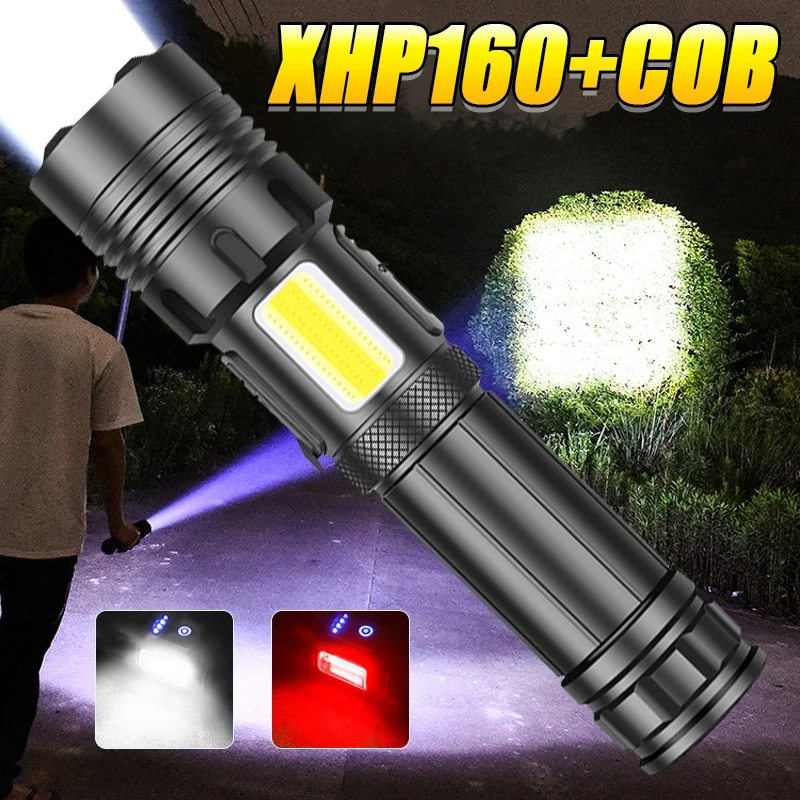 

Powerful XHP160 LED Flashlight High Power USB Rechargeable Torch With COB Tactical Flash Light 18650 Camping Zoomable Hand Lamps