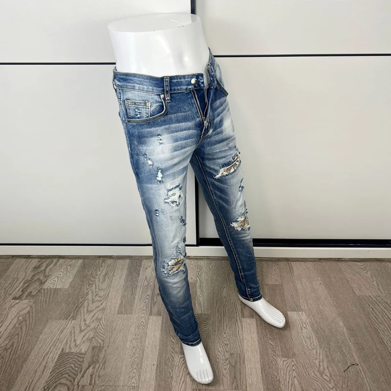 Street Fashion Men Jeans Retro Blue Elastic Stretch Slim Fit Hole Ripped Jeans Men Patched Designer Hip Hop Denim Pants Hombre