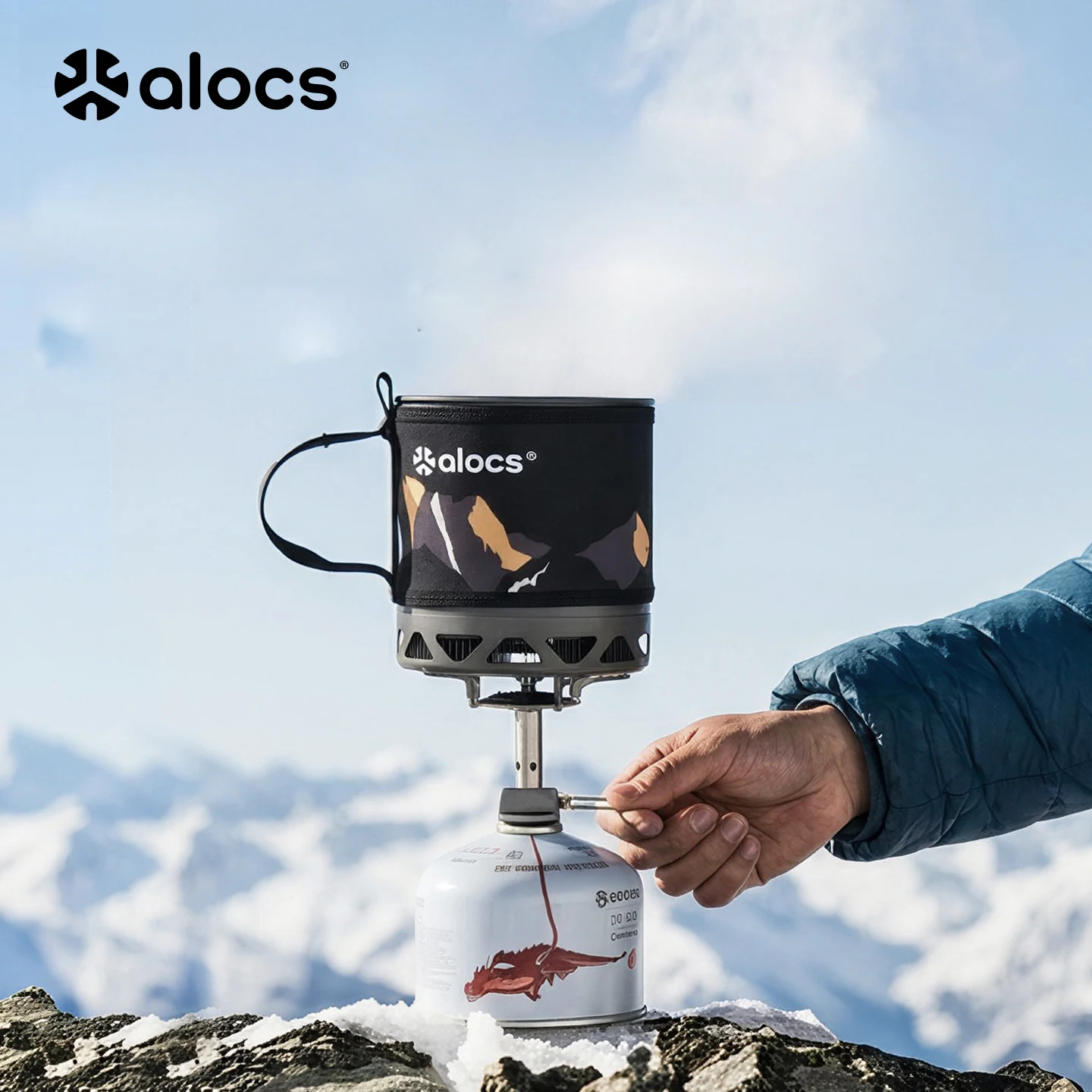 Фото Ультралегкий походный котелок Alocs 1 л (1-квартовый) с теплообменником, термоизоляционным чехлом и крышкой-ситечком для пеших походов и путешествий №3