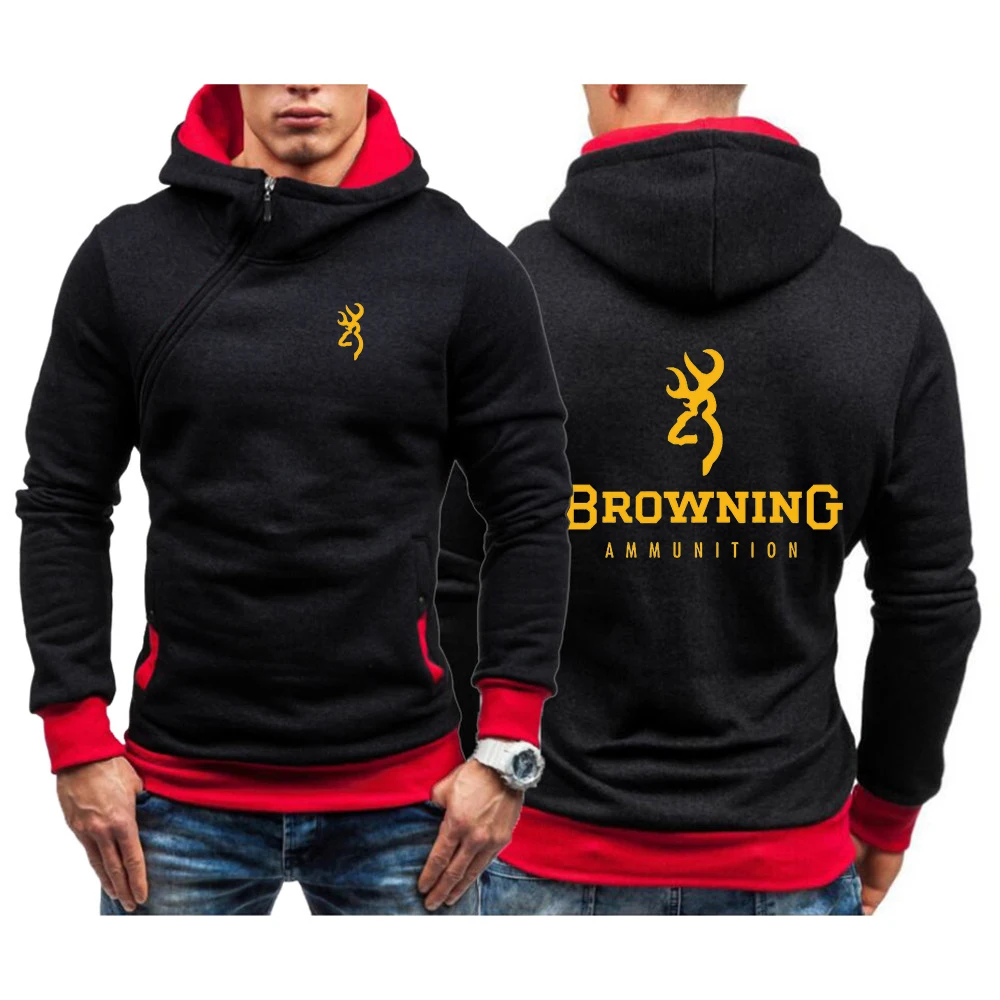 

2023 Spring Autumn BROWNING Logo Print High Quality Diagonal Zip Hoodies Men's Hooded Slim Fit Streetwear Cotton Pullover Coat