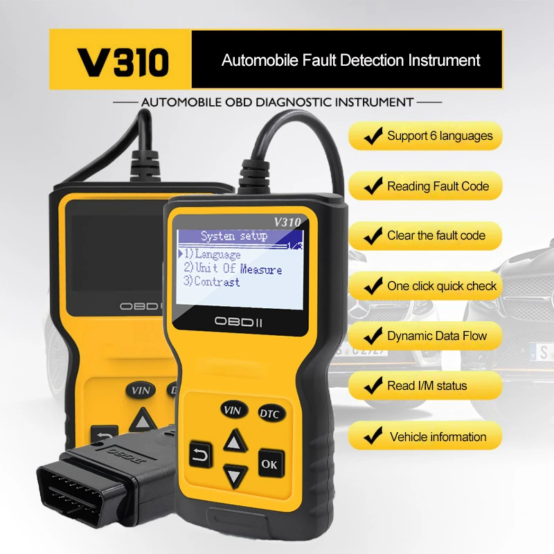 

Free Shiping Universal Car V310 OBD2 Scanner OBD Code Reader Check Engine Fault Diagnostic Tool Plug-and-play Interface