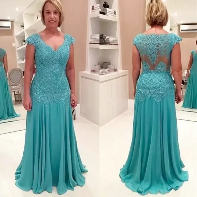 

Plus Size Custom Mother Of the Bride Dress A Line V-Neck Sleeveless Floor-Length Applique Embroidery Chiffon Lace Illusion