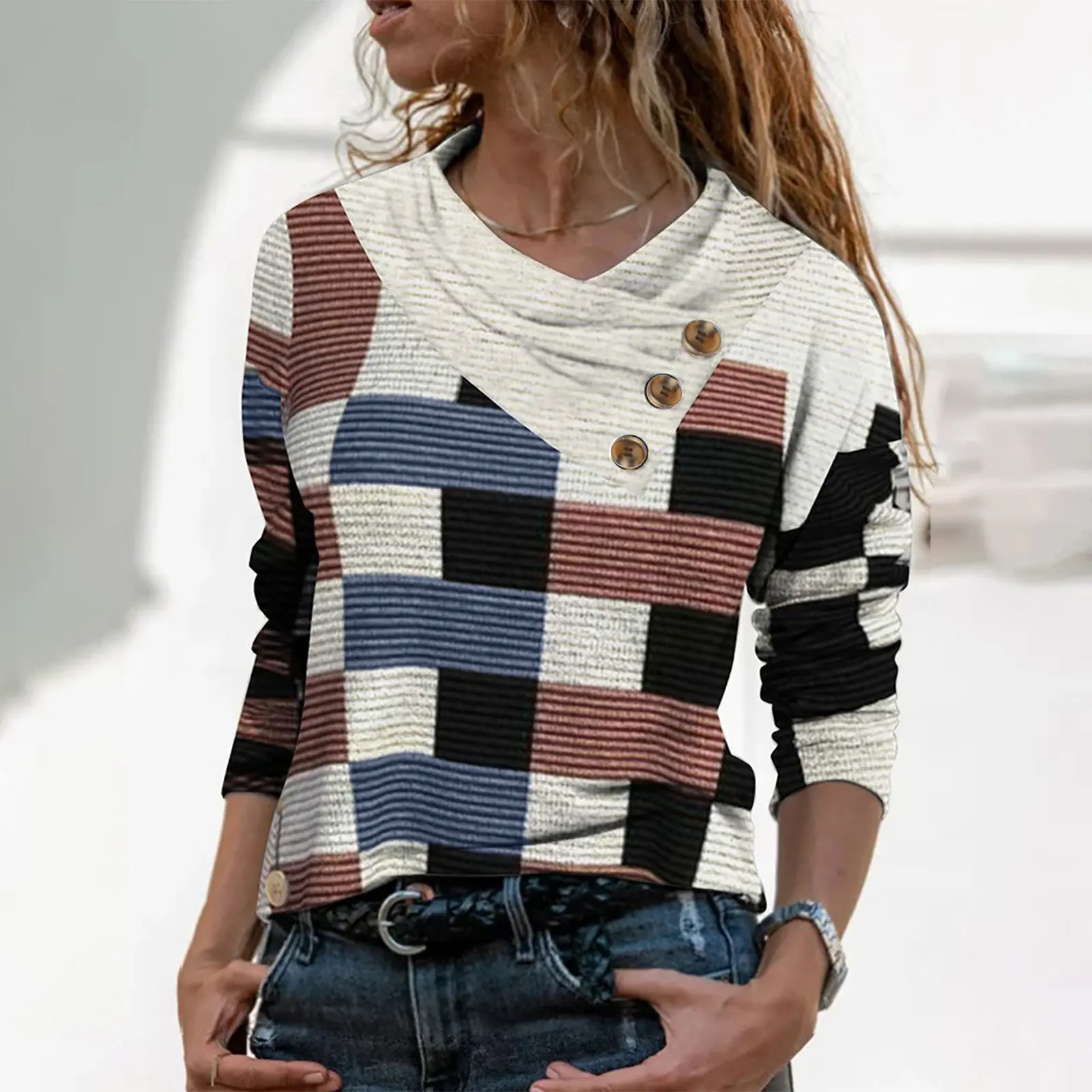 

Fashion Women Print Shirts Vintage Spring Winter Button Tees Blouse Top Loose Casual Full Long Sleeve Tops