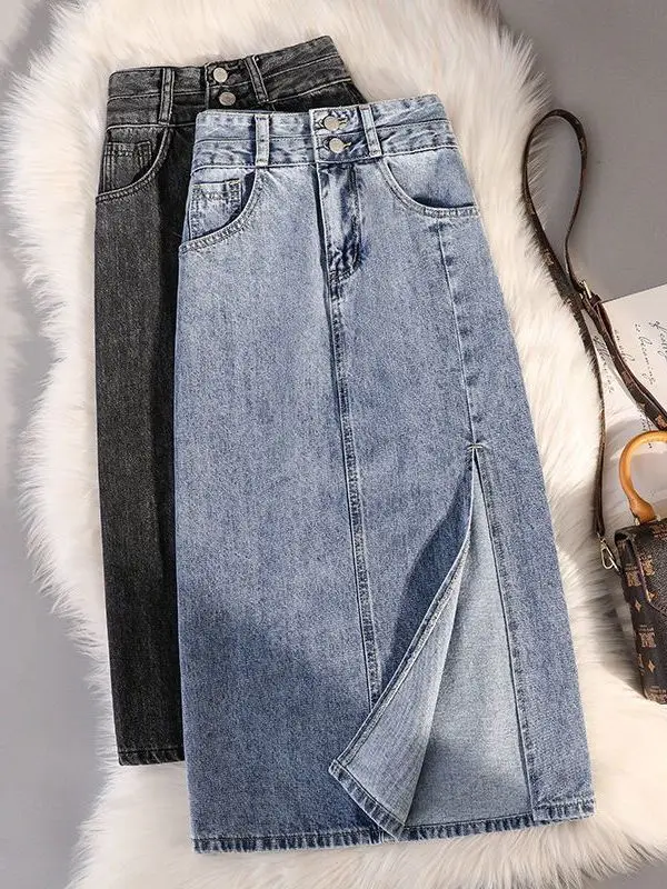 

Летняя новая джинсовая юбка большого размера с высокой талией, Женская универсальная модная юбка средней длины с разрезом по бокам