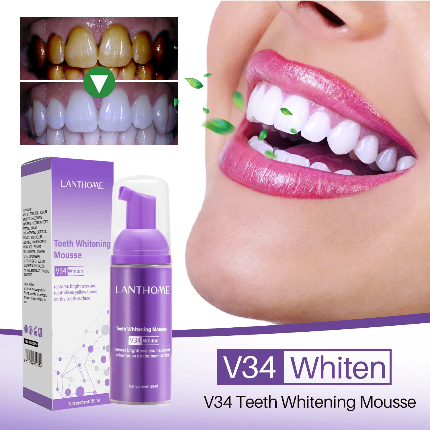 

V34 Teeth Whitening Mousse Colour Corrector Removes Stains Teeth Whitening Oral Hygiene Toothpaste Whitening Staining Tartar