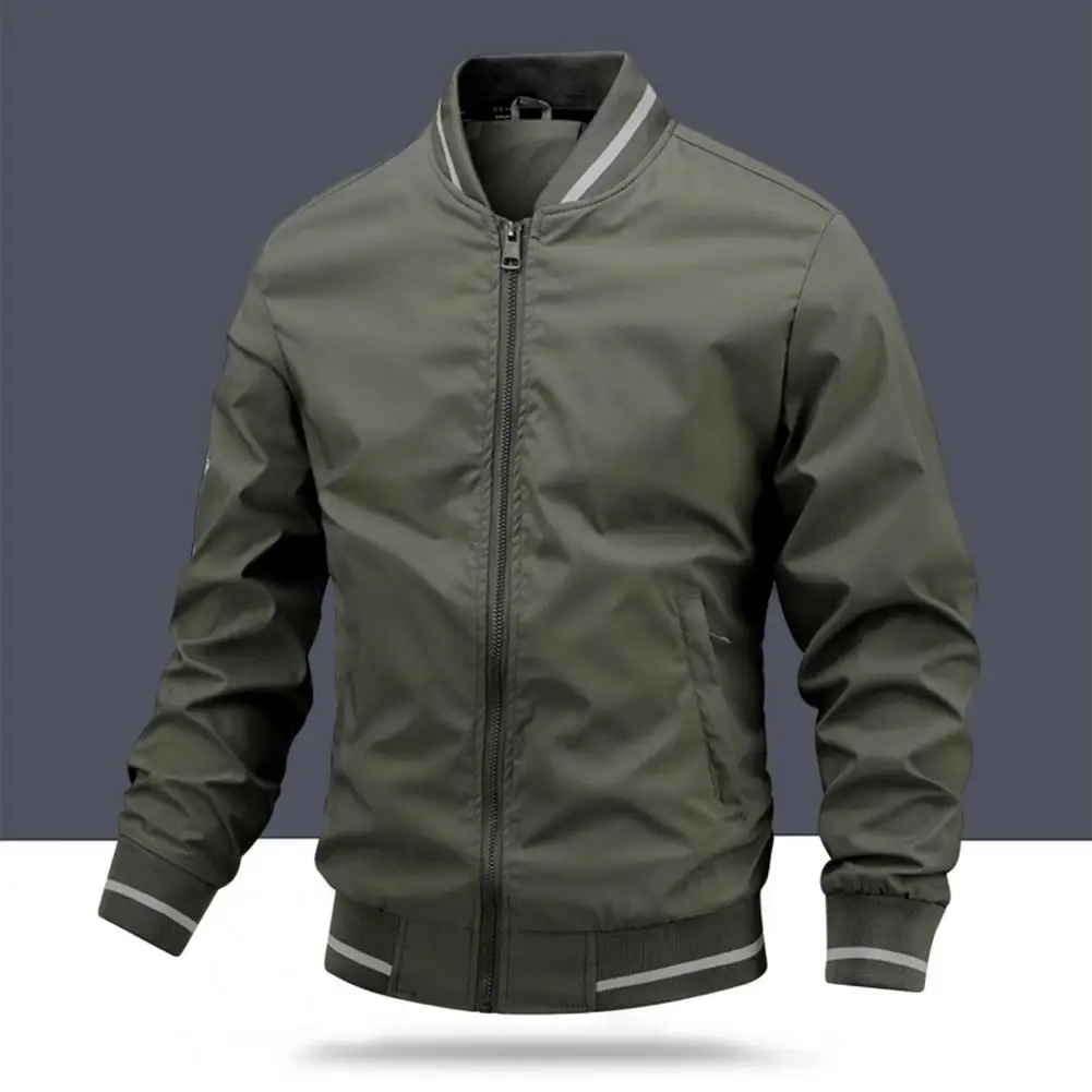 

Men Windbreaker Long Sleeves Washable Dressing Pure Color Ribbed Cuff Bomber Jacket Middle-aged Coat for Daily Wear