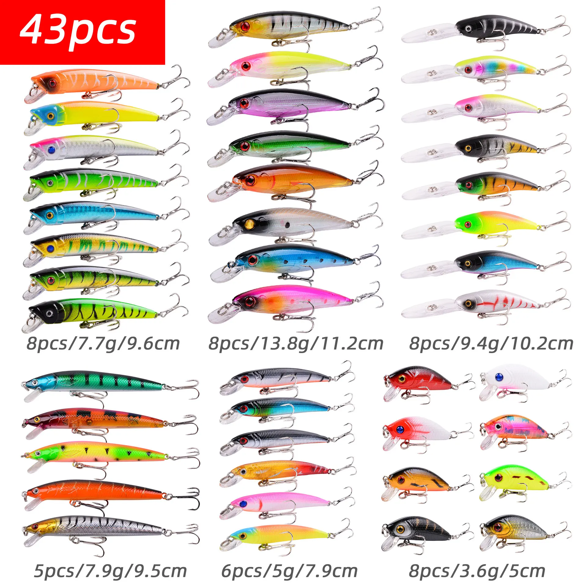 

43PCS Minnow Fishing Lure Multiple Sizes Artificial Bait 3D Eyes Bait Crankbait Carp Striped Bass Pesca Fishing Tackle SwimBait