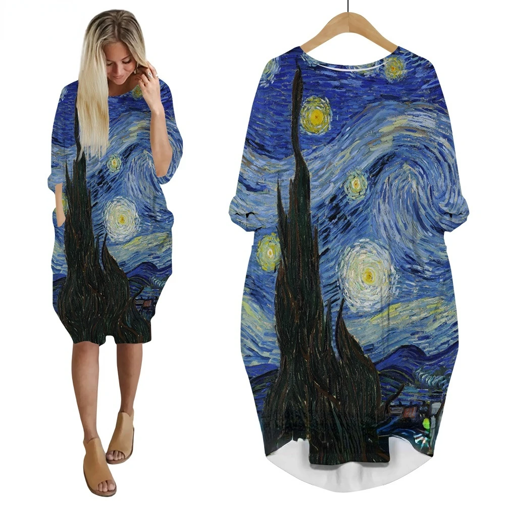 

Van Gogh The Starry Night Dress 3D Printed Long Sleeve Skirts Fashion Female Streetwear Harajuku Women Pocket Dress