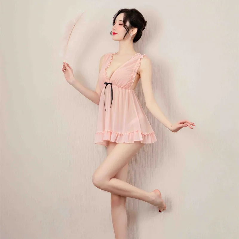 

NEW Sexy See-through Nightgown Female Black Mesh Lace Sleepwear Cute Pink Minidress Sexy Lingerie For Women Strap Slips