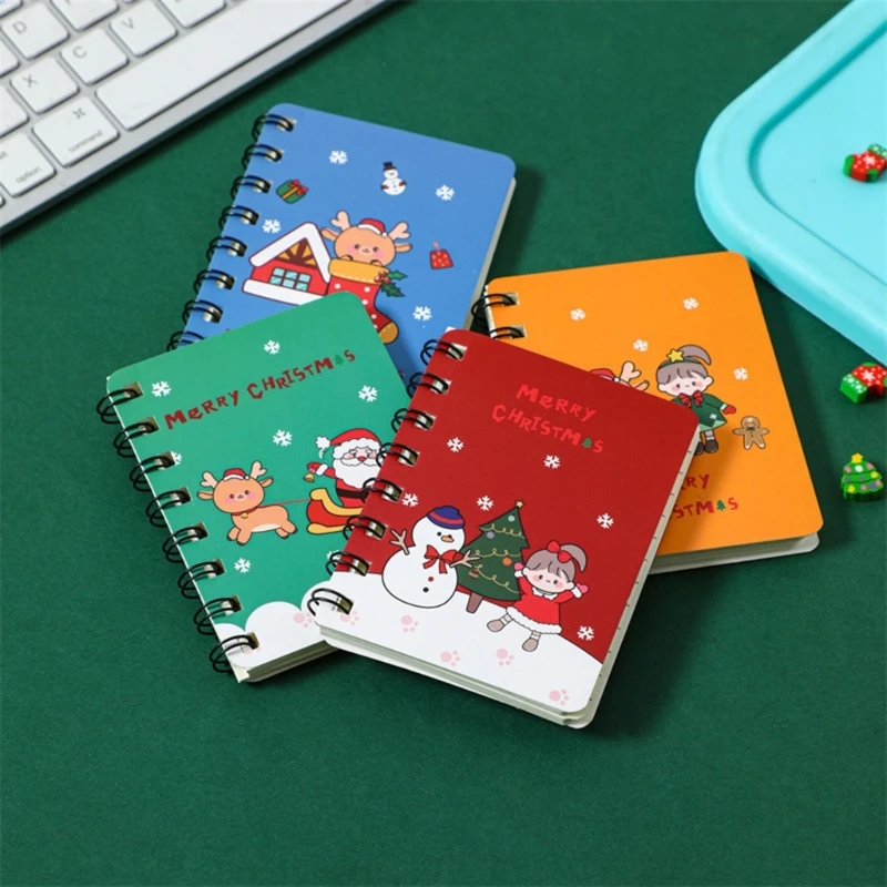 

4 Pieces Small Christmas Notebook Twin-coil Binding Mini Cartoon Notebook Pocket Writing Pad for Kid Adult