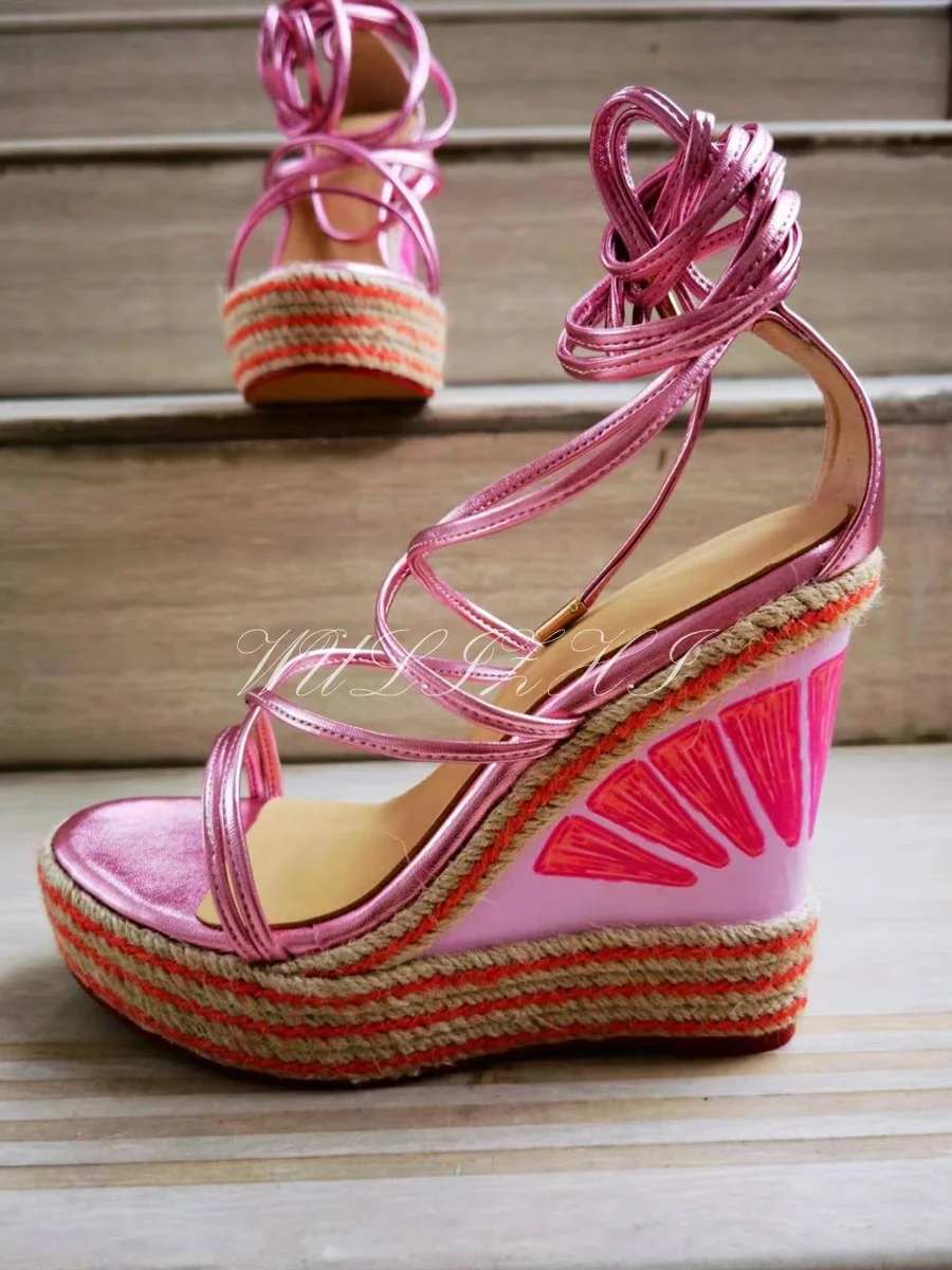 Watermelon Pink Bling Graffiti Wedge Sandals Multicolored Espadarille Leather Wrap Strappy Sandals Platform Riband Round Shoes