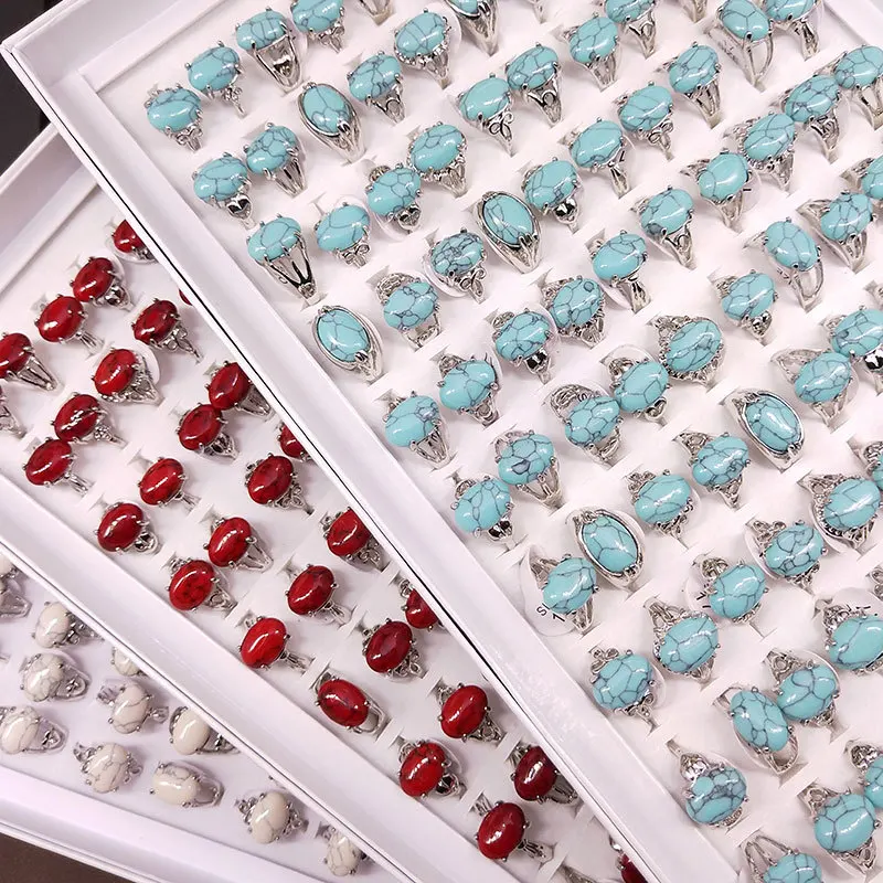 

100pcs/lot Mixed Vintage Natural Stone Geometric Silver color Rings for Women Men Party Fashion Jewelry Gift Wholesale