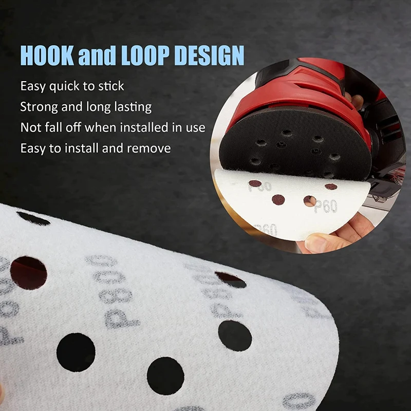 100PCS 5 Inch Sanding Discs 150 180 240 320 400 Medium Loop 6 Holes Self Stick Sandpaper Orbital Sander