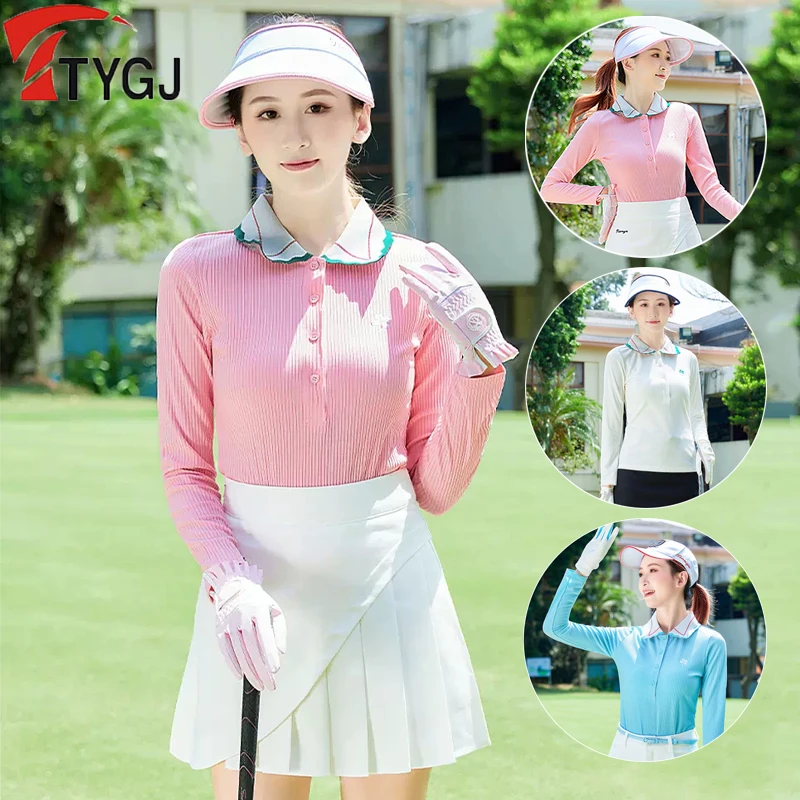 

TTYGJ Ladies Autumn Golf Outfit Ruffle Collar Golf Shirts Women Slim Knitted Sweater Casual Polo T-shirt Turn Down Collar Jersey