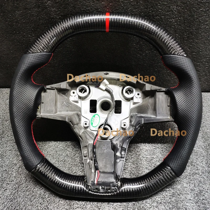 

Factory Price Real Carbon Fiber Steering Wheel for Tesla Model 3 Model Y Flat Shape With Red Line Perforated Leather Customized