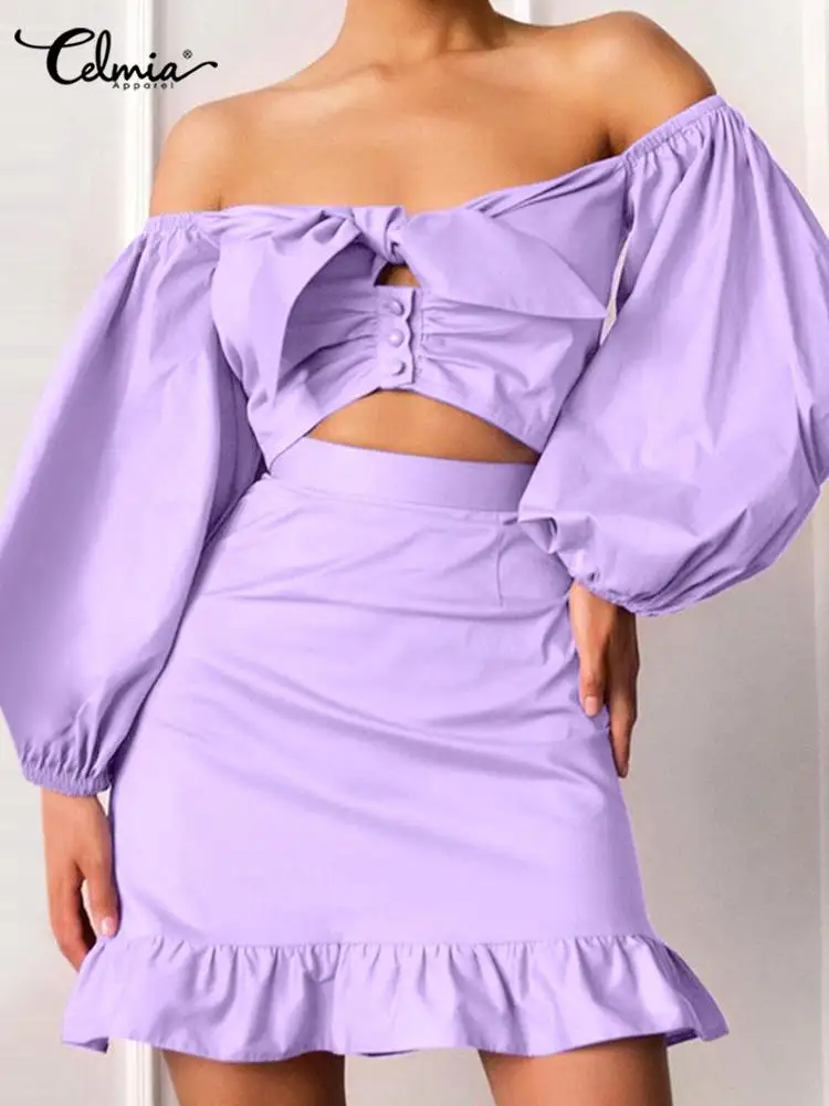 

Vintage 2 Pieces Skirt Sets Celmia Women Off Shoulder Puff Sleeve Tops and Pleated A Line Short Faldas Sexy Solid Bowknot Suits