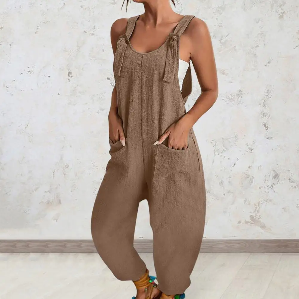 

Women Jumpsuit Adjustable Wide Shoulder Straps Jumpsuit Pockets Wide Leg Bib Overall Solid Color Long Playsuit Streetwear