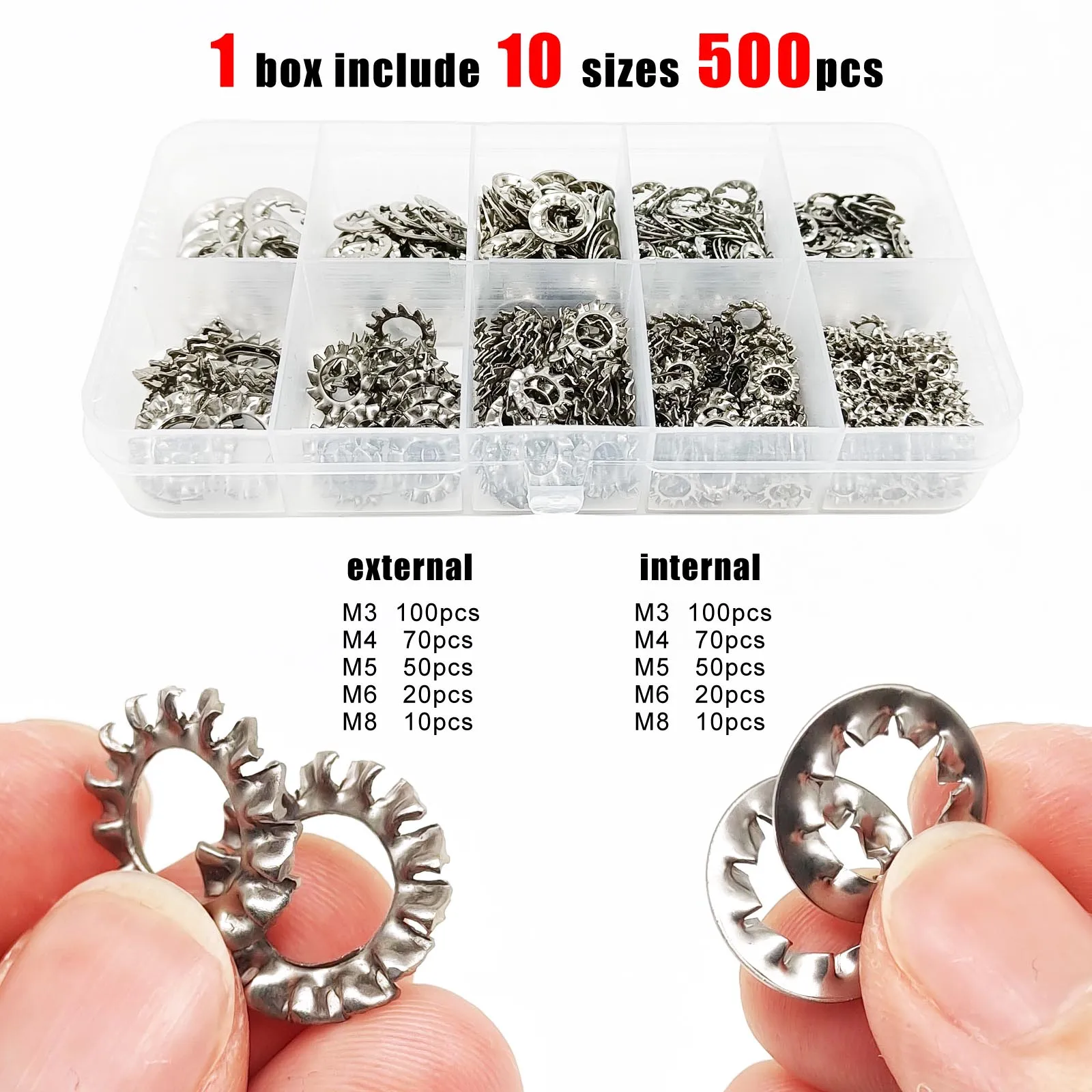 

500 шт./коробка Mix M3 M4 M5 M6 M8 внешняя внутренняя зубчатая Стопорная детская шайба набор 304 A2-70 нержавеющая сталь