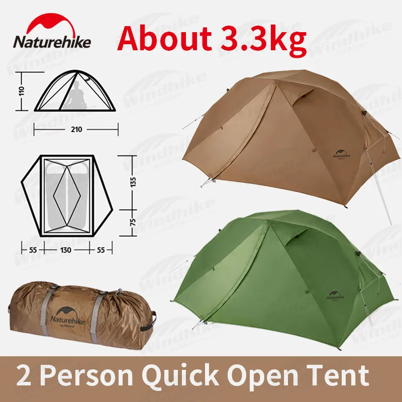 

Палатка Naturehike для кемпинга на 2 человек, быстро открывающаяся, 210T полиэстер, ветрозащитная, 3,3 мм, двойная дверь, портативная, кг, открывание о...