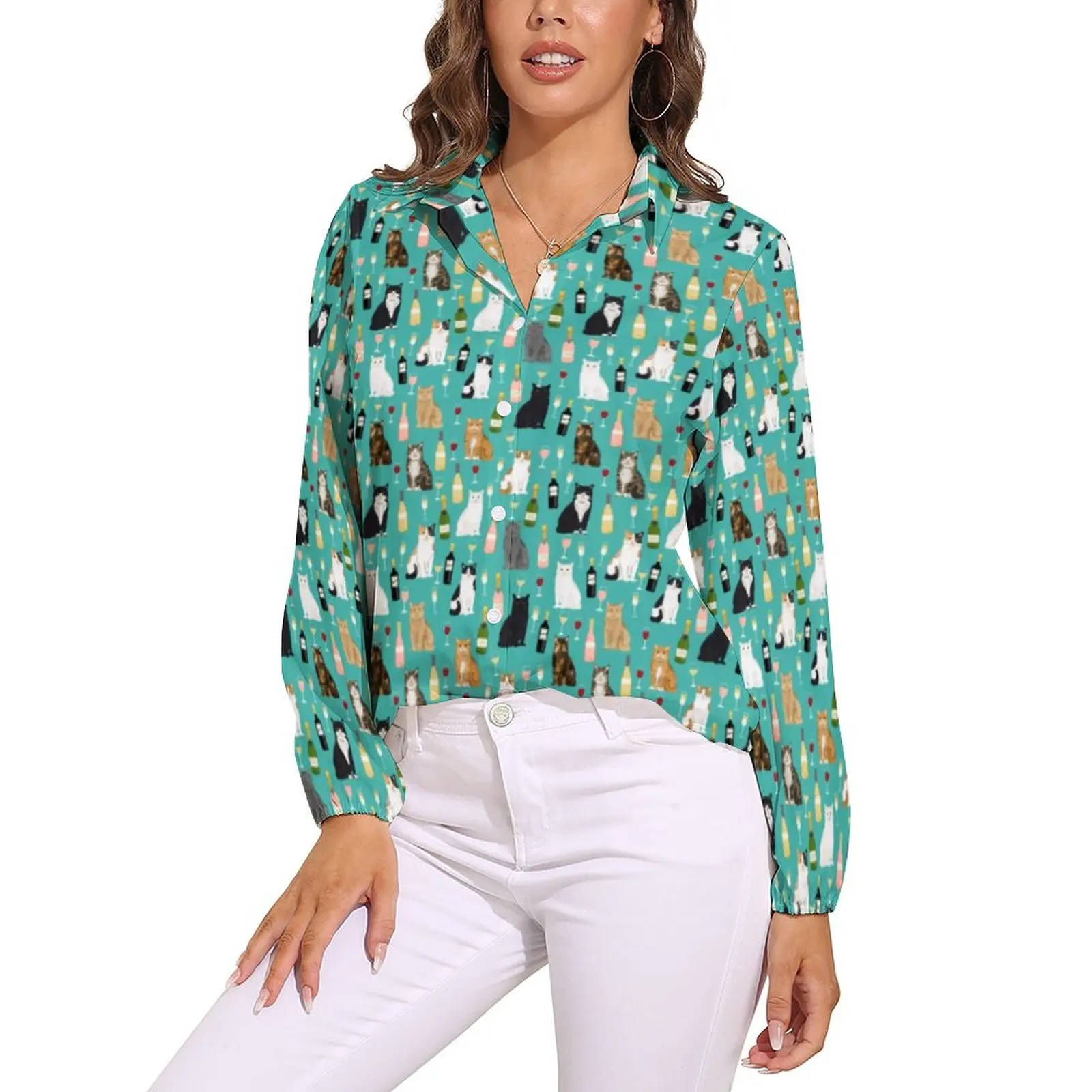 

Colorful Cats Blouse Long Sleeve Cute Wine Print Aesthetic Blouses Woman Street Fashion Oversized Shirts Design Clothing Gift