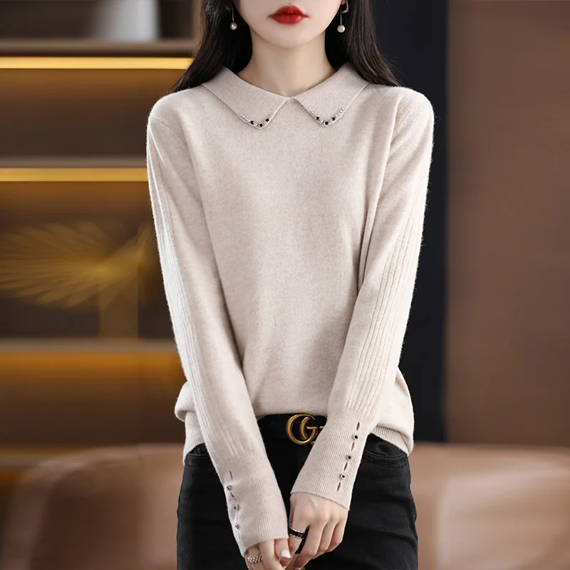 

100% Pure Wool Sweater Women's Doll Neck Pullover Slim Fit Fashion Knitted Top Warm Long Sleeve in Autumn and Winter