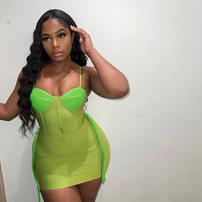 

Combhasaki Women Sexy Skirt Set Spaghetti Straps Patchwork Bodysuit with Lacing Bodycon Skirt for Party Club Sundress Suit