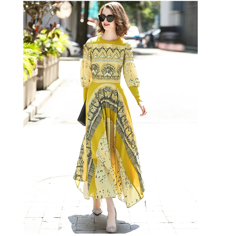 

new spring European and American women's long round neck long-sleeved Party big swing printed dress