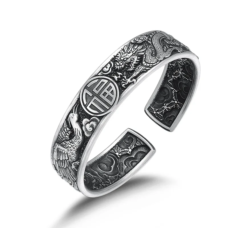 

Real Silver Classical Dragon and Phoenix Bangle 925 Sterling Sliver Traditional Style Retro Vintage Auspicious Bracelet Jewelry
