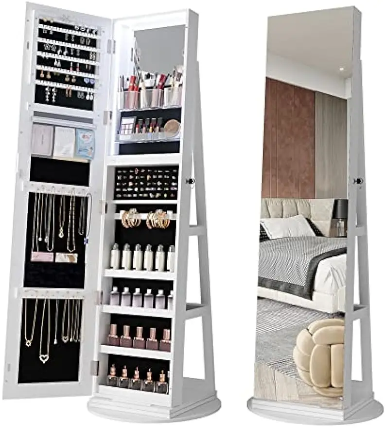 

LED Light Jewelry Organizer Mirror 360° Rotating, Jewelry Armoire with Door Mirror, Full Length Mirror Jewelry Cabinet