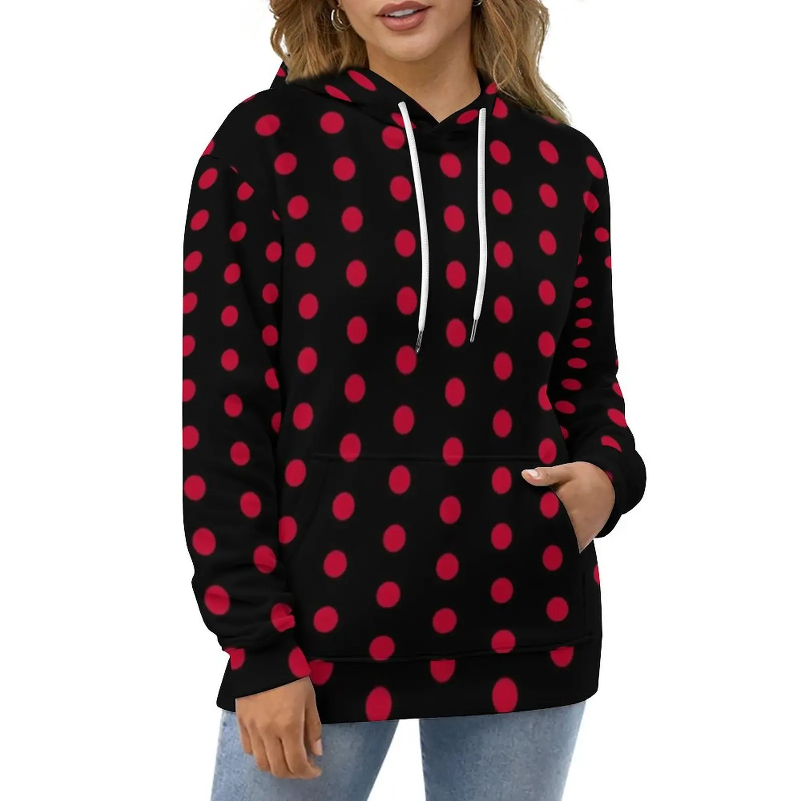 

Black with Red Polka Dot Casual Hoodies Dotted 70S Vintage Y2k Hoodie Couple Long Sleeve Oversize Hip Hop Graphic Loose Tops