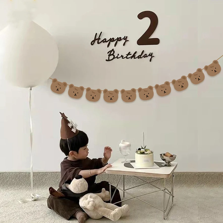 

Vintage Cartoon Paper Bear Banner Brown Bear Balloon 1st 2nd Happy Birthday Party Decor Kids Boy Girl Babyshower Bear Ballon