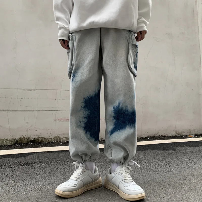 High Street Tie Dye Vintage Baggy Men Cargo Jeans Pants Y2K Side Pockets Straight Loose Hip Hop Denim Trousers Pantalon Hombre