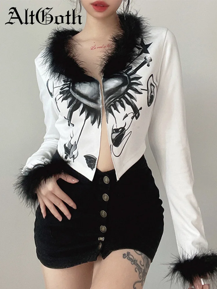 

AltGirl Vintage Streetwear Cardigan Women Dark Gothic Aesthetic Wool Patchwork Long Sleeve V-neck Sweater Emo Alt Clothes Female