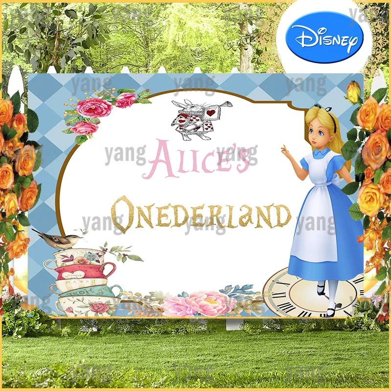 Free Customize Disney Mocsicka Tea Party Backdrop Princess First Birthday Decorations Alice in Wonderland Background Photoshoot
