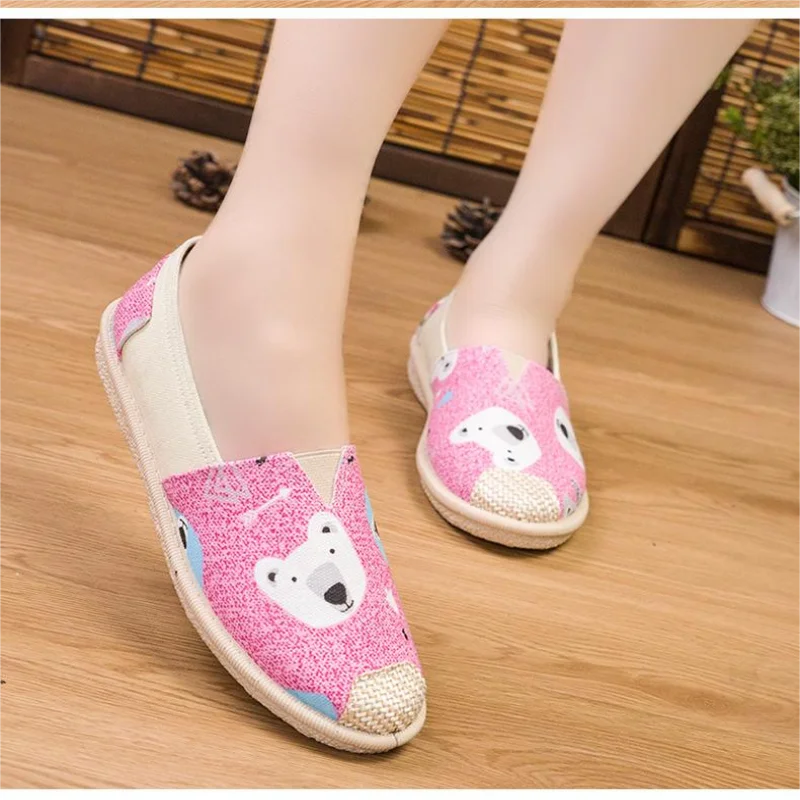 Fashion Women Slip on Flats Print Flat Bottom Light Mesh Lazy Fisherman Shoes Canvas Breathable Flat Women's Single Shoe