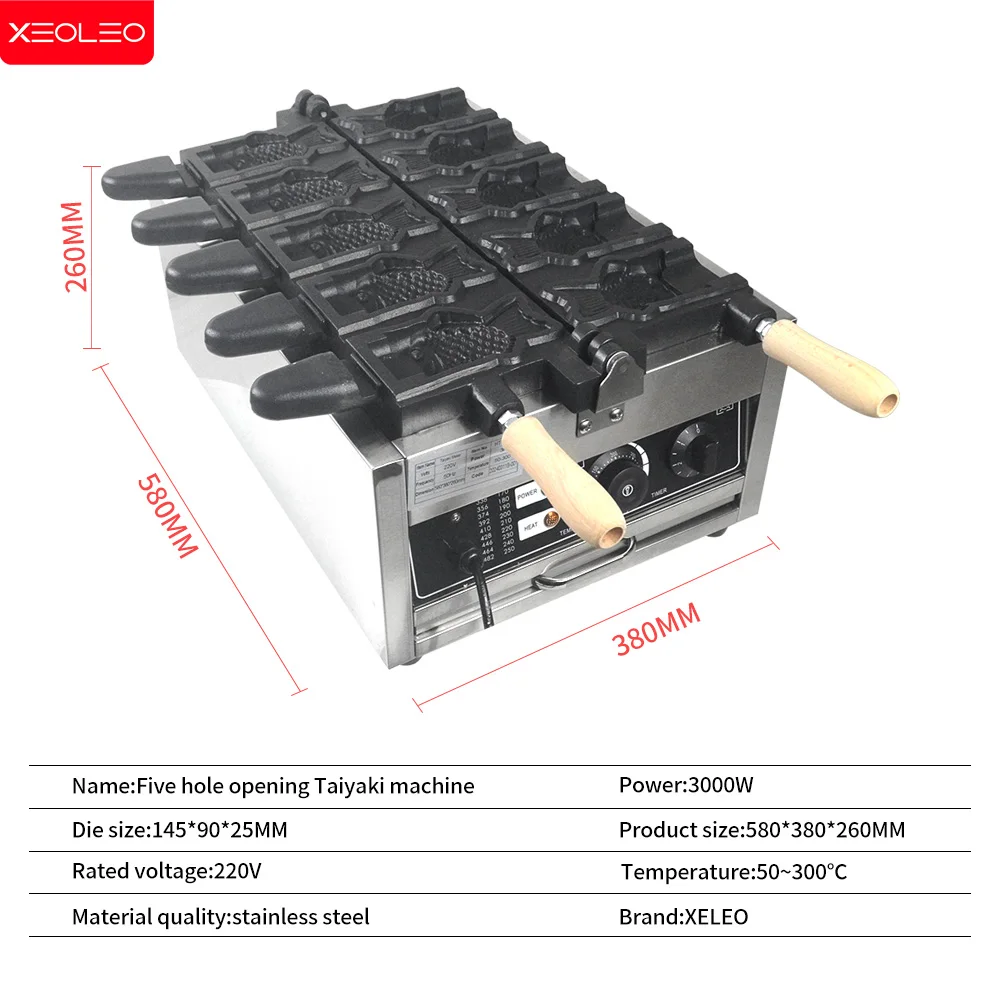 Машина XEOLEO Taiyaki 5 шт. машина для вафель в форме рыбы 3000 Вт с антипригарным