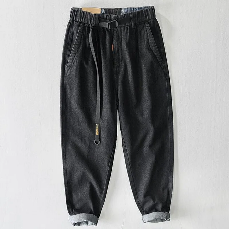 Men Jeans Cargo Pants Cotton Male Elastic Waist Cargo Pants Sashes Casual Mid Waist Loose Fit Trouser