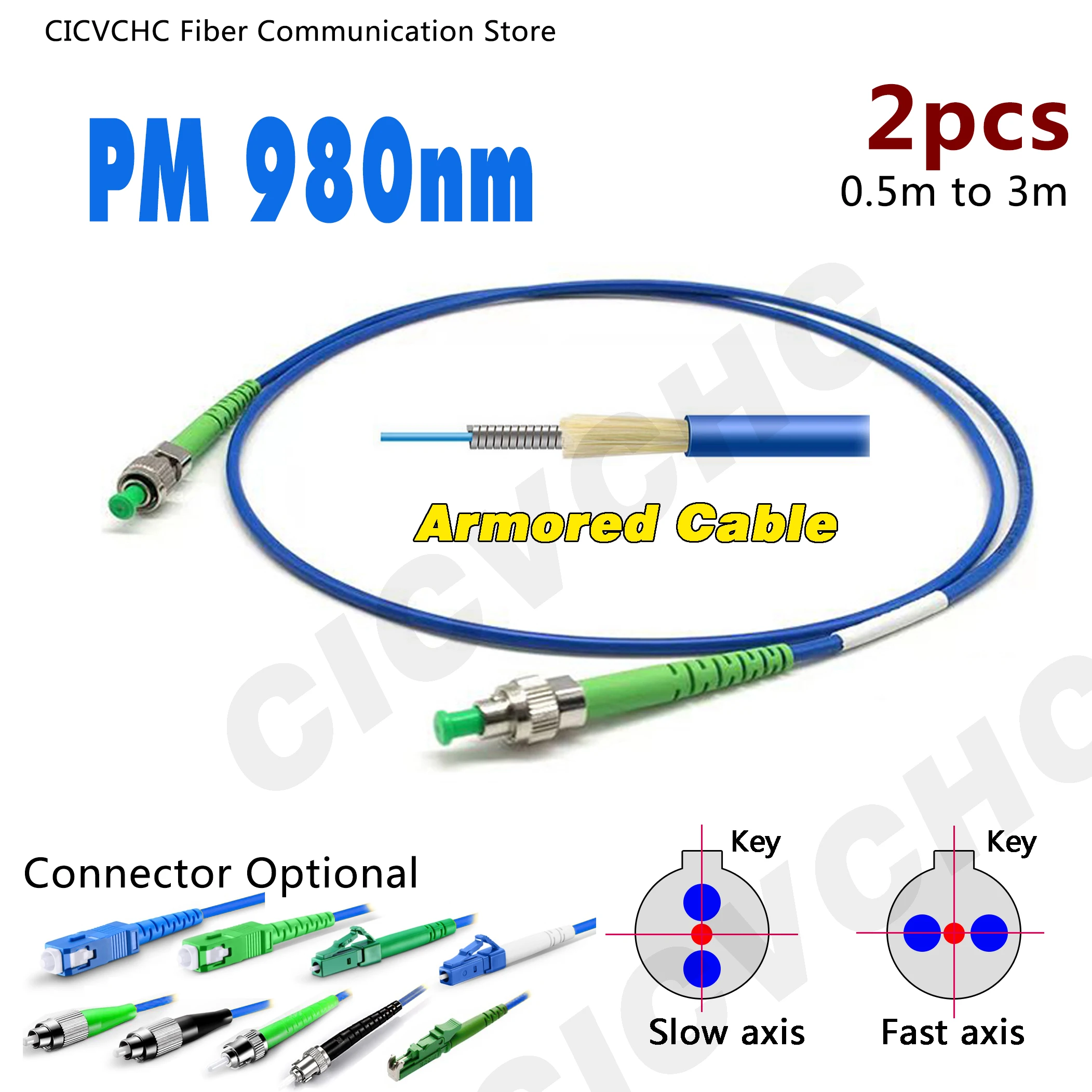 2pcs PM 980nm Fiber Patchcord-SC, FC, LC, ST-Fast or Slow-3.0mm Armored Cable-Polarization Maintaining-Panda Fber-0.5m to 3m