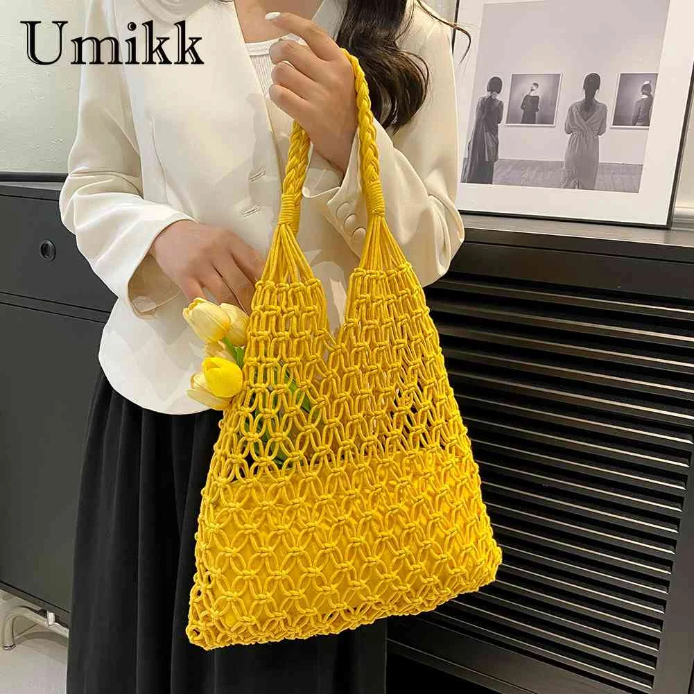 

Ажурные вязаные женские сумки, модные повседневные женские сумки на плечо, простые вязаные крючком сумки-тоуты, женские сумки для покупок с ручками, сумочка