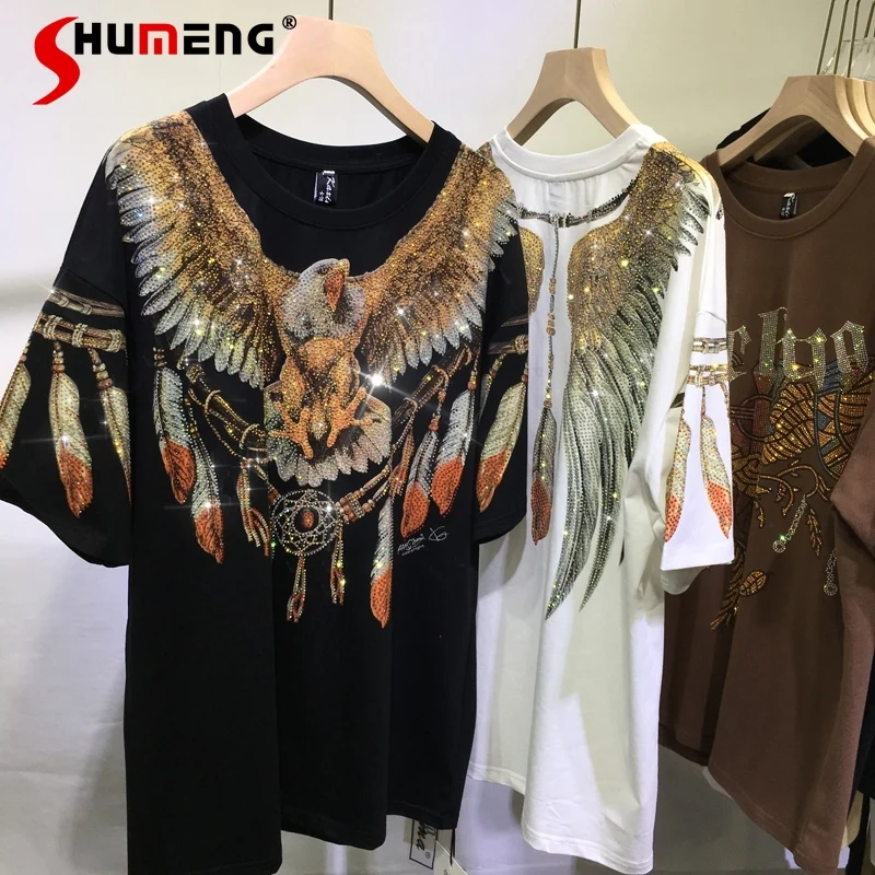 High Quality Heavy Industry Double-sided Sequined Eagle T-shirt Wings Feather Mid-length Couples Short-sleeved Tee Loose Tops