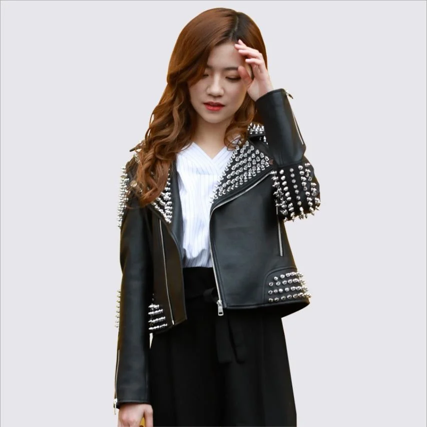 leather Punk rivet beading pu jackets spring bullet Beading leather outerwear female fashion was thin PU leather jacket WQ218