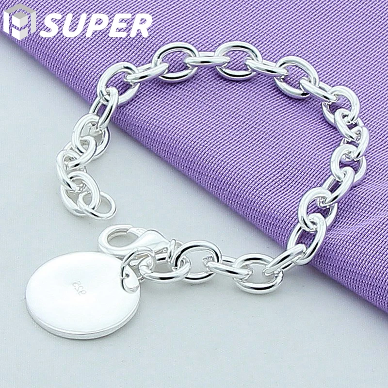 

925 Sterling Silver Circle Tag Bracelet Woman Fashion Wedding Engagement Party Jewelry