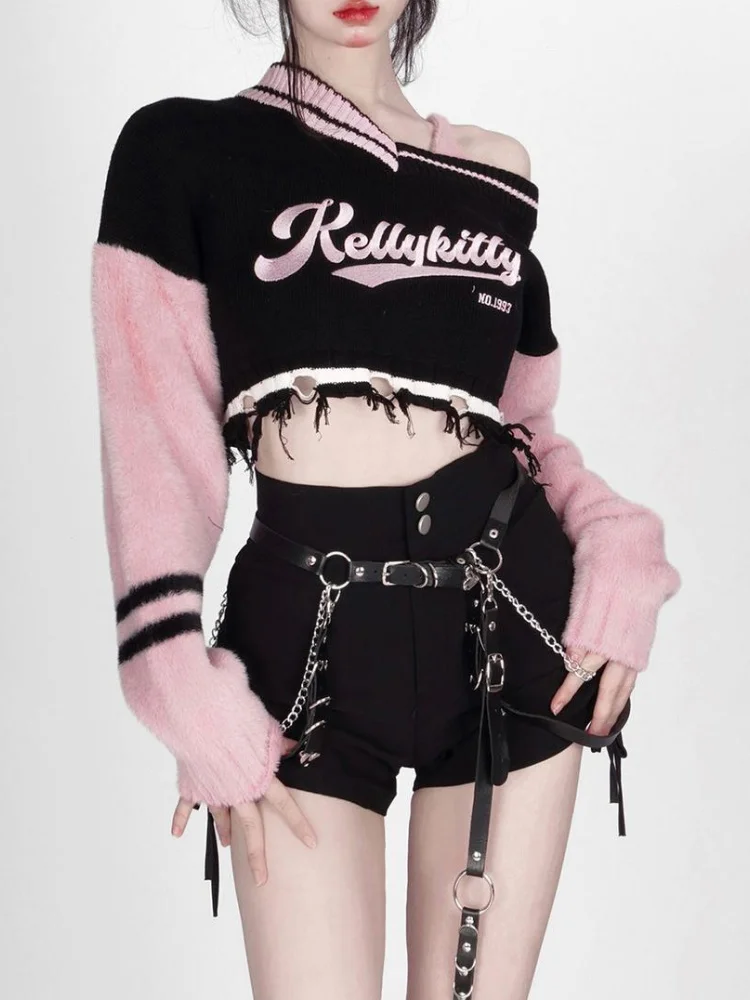 

Y2K Harajuku Pink Striped Cropped Sweater Women Fashion Embroidery Knitted Jumper Sexy V-neck Long Sleeve Pullover Tops