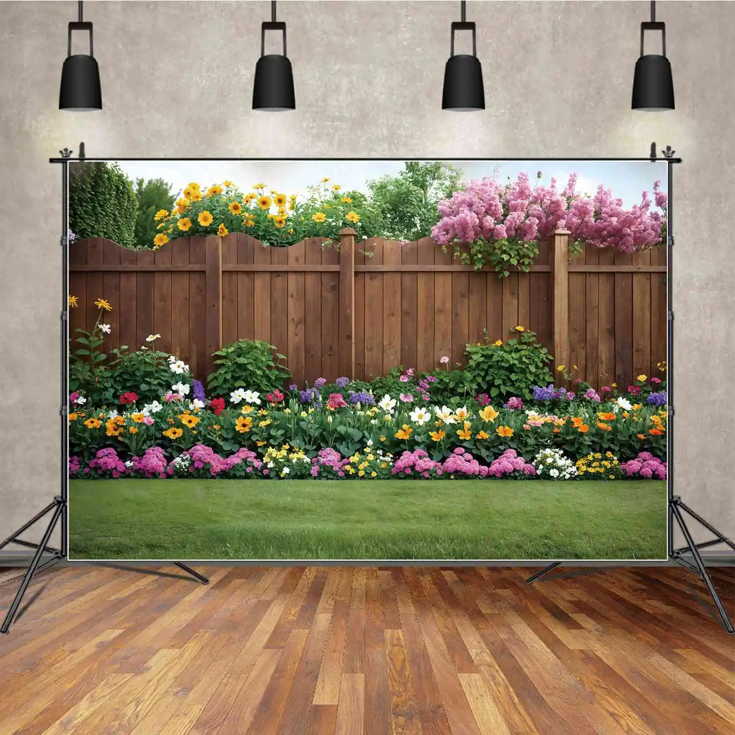 

Spring Garden Wooden Wall Photography Backdrops Party Decoration Floral Scenery Blossom Green Customized Baby Photo Background