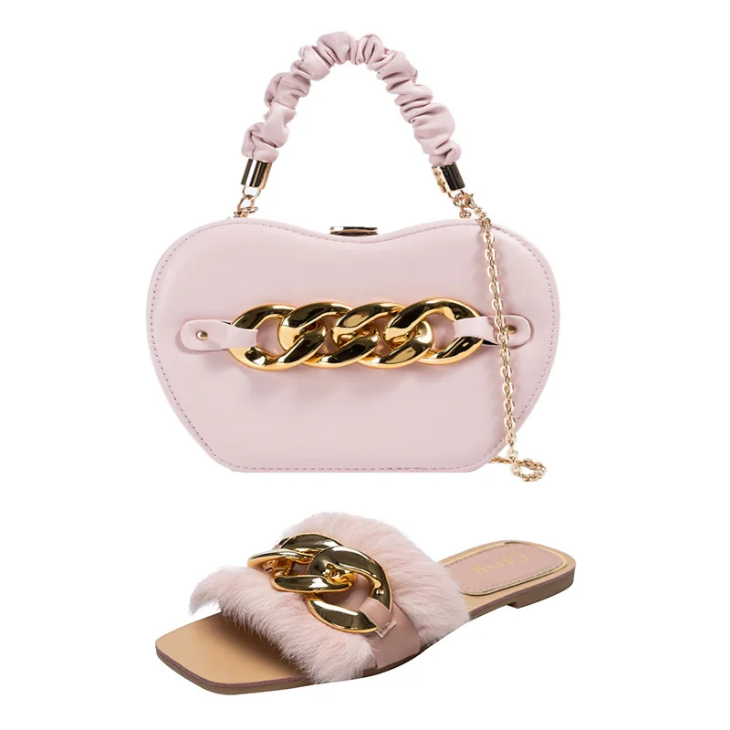 

Fashion Chain Fluffy Flat Sandals Luxury Women's Slippers Summer Home Outdoor Sexy Shoes Bag Suit Set Flip Flops Chinelo Nuvem