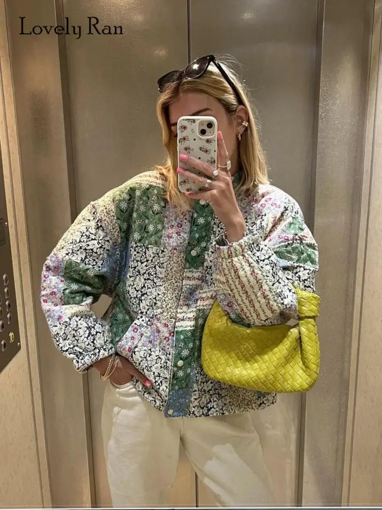

Fashion Women Printed Quilted Thick Warm Coat Retro Flower Oversized Long Sleeve Cotton Jacket 2023 Autumn Casual Streetwear