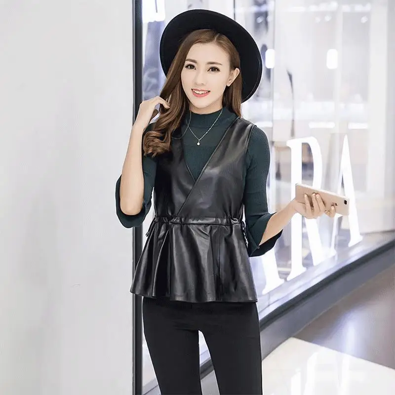 

Women's Black PU Leather Top Female Fashion Sleeveless Strap Camis Ladies Slim Skinny Faux Leather Bodycon Vests Camisole G283