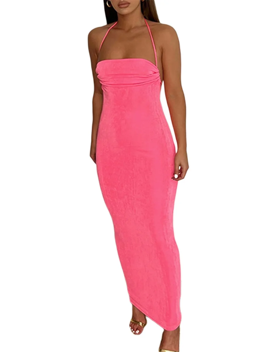 

Женское длинное платье с лямкой на шее, элегантное модное платье макси с открытой спиной и драпировкой, летние Клубные Вечерние платья на бр...